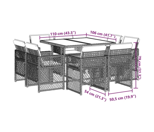 Set comedor de jardín 9 pzas con cojines ratán sintético beige
