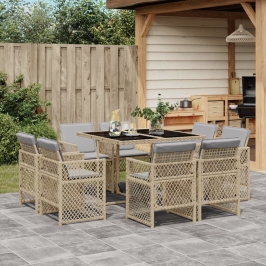 Set comedor de jardín 9 pzas con cojines ratán sintético beige