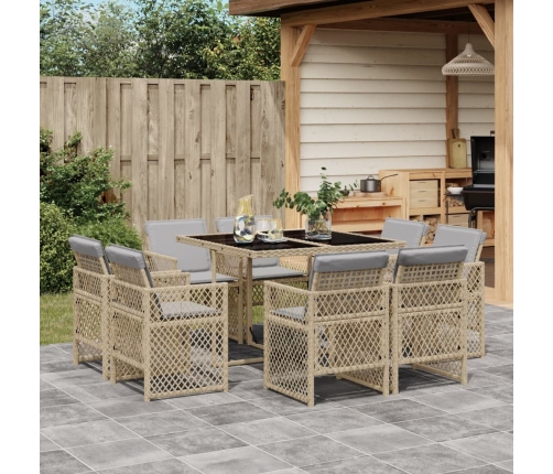 Set comedor de jardín 9 pzas con cojines ratán sintético beige