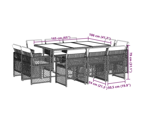 Set comedor de jardín 11 pzas con cojines ratán sintético beige