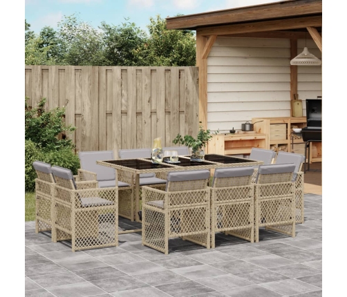 Set comedor de jardín 11 pzas con cojines ratán sintético beige
