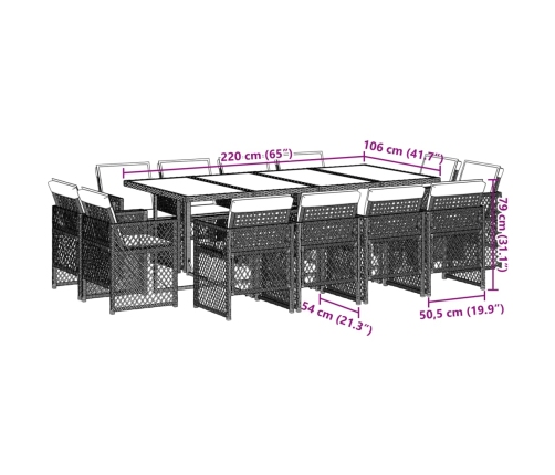 Set comedor jardín y cojines 13 pzas ratán sintético gris claro