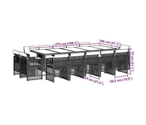 Set comedor jardín y cojines 15 pzas ratán sintético gris claro
