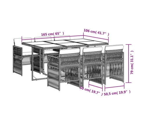 Set comedor jardín 7 pzas y cojines ratán sintético gris
