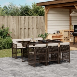 Set comedor de jardín 7 pzas con cojines ratán sintético marrón