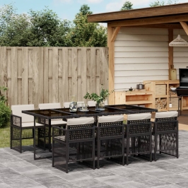 Set de comedor de jardín 9 pzas y cojines ratán sintético negro
