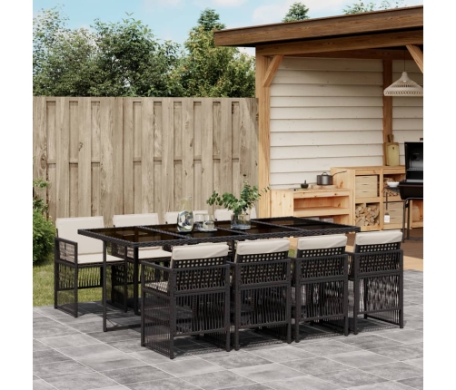 Set de comedor de jardín 9 pzas y cojines ratán sintético negro