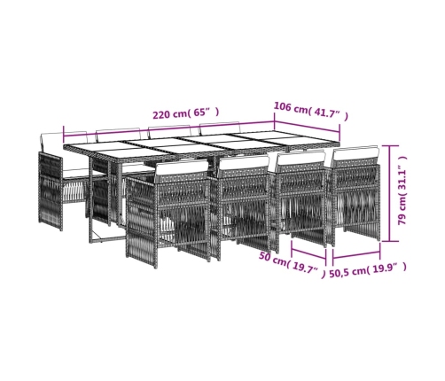 Set comedor jardín 9 pzas y cojines ratán sintético gris
