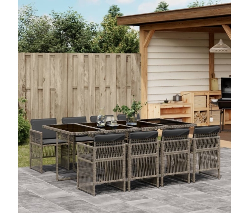 Set comedor jardín 9 pzas y cojines ratán sintético gris