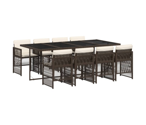 Set comedor para jardín 9 pzas y cojines ratán sintético marrón
