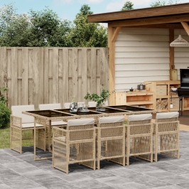 Set comedor de jardín 9 pzas con cojines ratán sintético beige