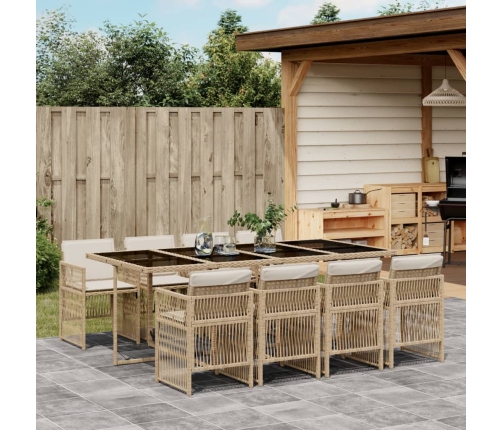 Set comedor de jardín 9 pzas con cojines ratán sintético beige