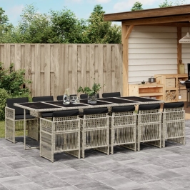 Set de comedor de jardín 11 pzas y cojines ratán sintético gris