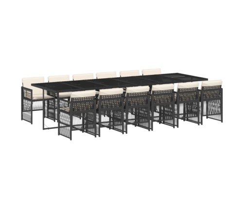 Set comedor de jardín con cojines 13 pzas ratán sintético negro