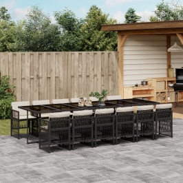 Set comedor de jardín con cojines 13 pzas ratán sintético negro