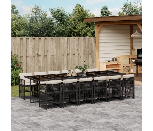 Set comedor de jardín con cojines 13 pzas ratán sintético negro