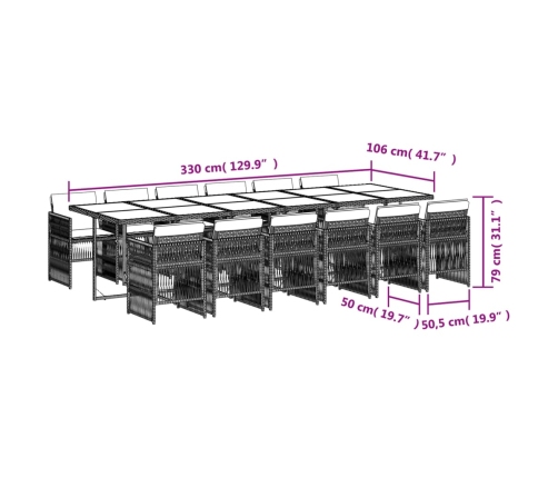 Set comedor de jardín con cojines 13 pzas ratán sintético negro