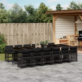 Set comedor de jardín con cojines 13 pzas ratán sintético negro