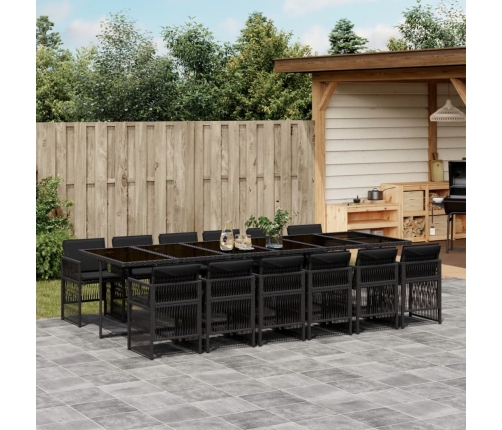 Set comedor de jardín con cojines 13 pzas ratán sintético negro