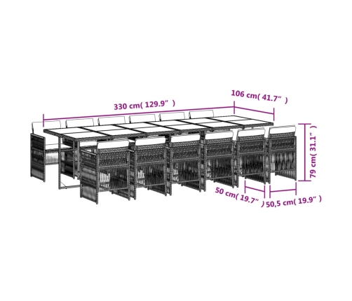 Set comedor jardín y cojines 13 pzas ratán sintético gris claro