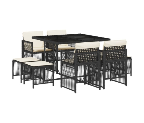 Set de comedor de jardín 9 pzas y cojines ratán sintético negro