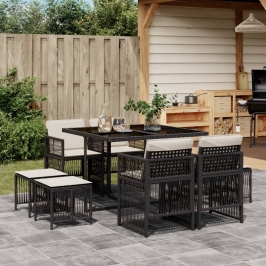 Set de comedor de jardín 9 pzas y cojines ratán sintético negro