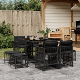 Set de comedor de jardín 9 pzas y cojines ratán sintético negro