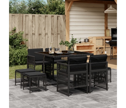 Set de comedor de jardín 9 pzas y cojines ratán sintético negro