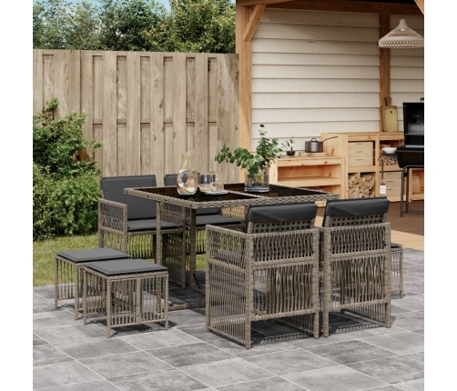 Set comedor jardín 9 pzas y cojines ratán sintético gris
