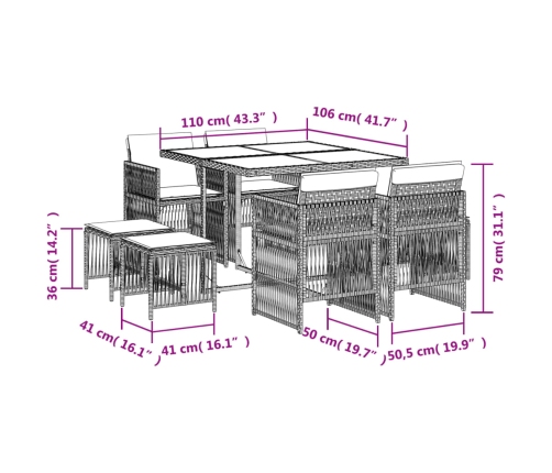 Set comedor para jardín 9 pzas y cojines ratán sintético marrón