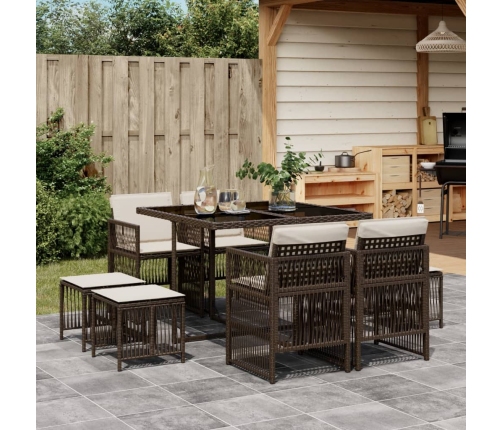 Set comedor para jardín 9 pzas y cojines ratán sintético marrón