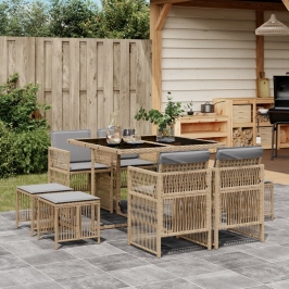 Set comedor de jardín 9 pzas con cojines ratán sintético beige