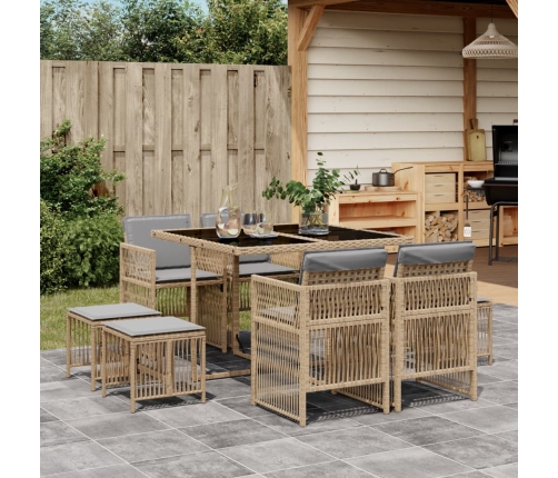Set comedor de jardín 9 pzas con cojines ratán sintético beige