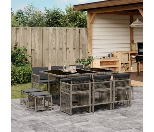 Set de comedor de jardín 11 pzas y cojines ratán sintético gris