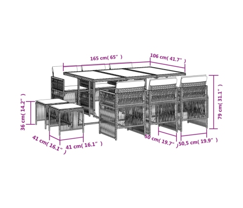 Set comedor de jardín 11 pzas y cojines ratán sintético marrón