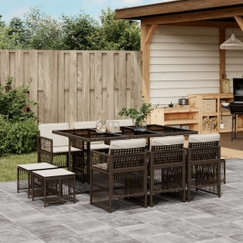 Set comedor de jardín 11 pzas y cojines ratán sintético marrón