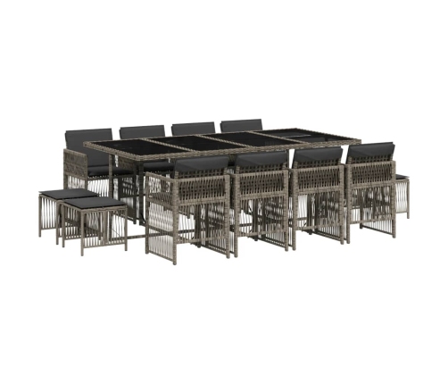 Set comedor de jardín con cojines 13 pzas ratán sintético gris