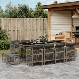 Set comedor de jardín con cojines 13 pzas ratán sintético gris