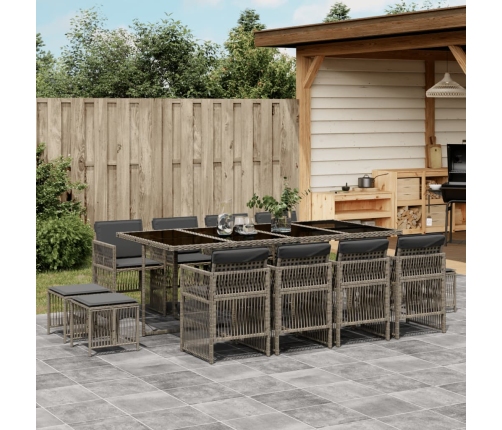Set comedor de jardín con cojines 13 pzas ratán sintético gris