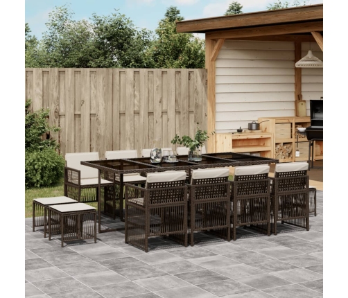 Set muebles de jardín 13 pzas y cojines ratán sintético marrón