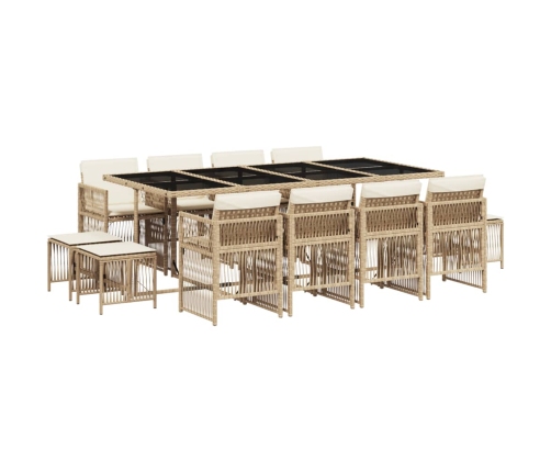 Set comedor de jardín con cojines 13 pzas ratán sintético beige