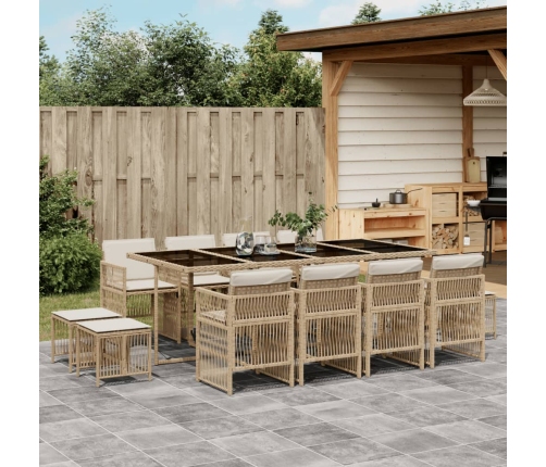 Set comedor de jardín con cojines 13 pzas ratán sintético beige