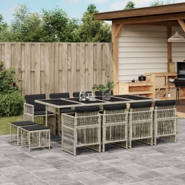 Set comedor jardín y cojines 13 pzas ratán sintético gris claro