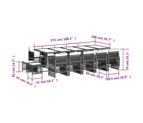 Set comedor de jardín con cojines 15 pzas ratán sintético negro