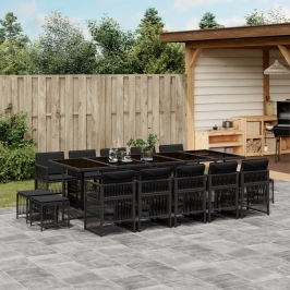 Set comedor de jardín con cojines 15 pzas ratán sintético negro