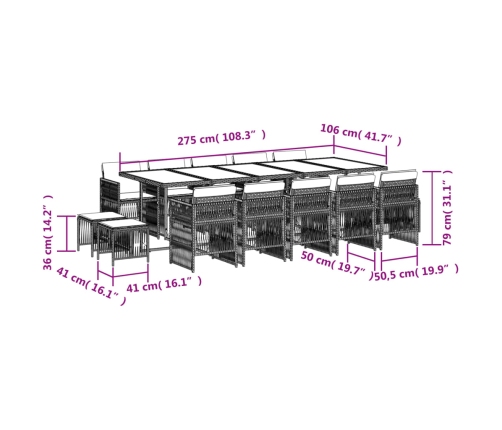 Set comedor de jardín con cojines 15 pzas ratán sintético beige