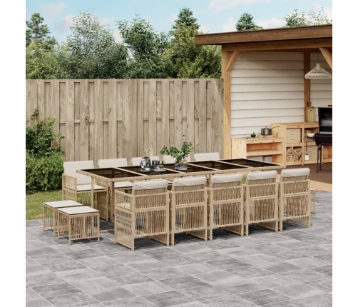 Set comedor de jardín con cojines 15 pzas ratán sintético beige