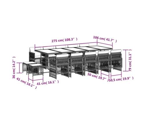 Set comedor jardín y cojines 15 pzas ratán sintético gris claro