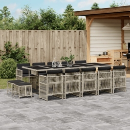 Set comedor jardín y cojines 15 pzas ratán sintético gris claro
