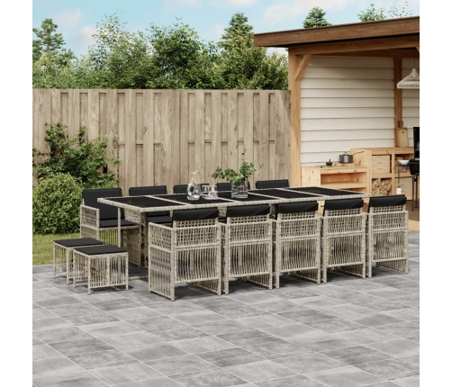 Set comedor jardín y cojines 15 pzas ratán sintético gris claro